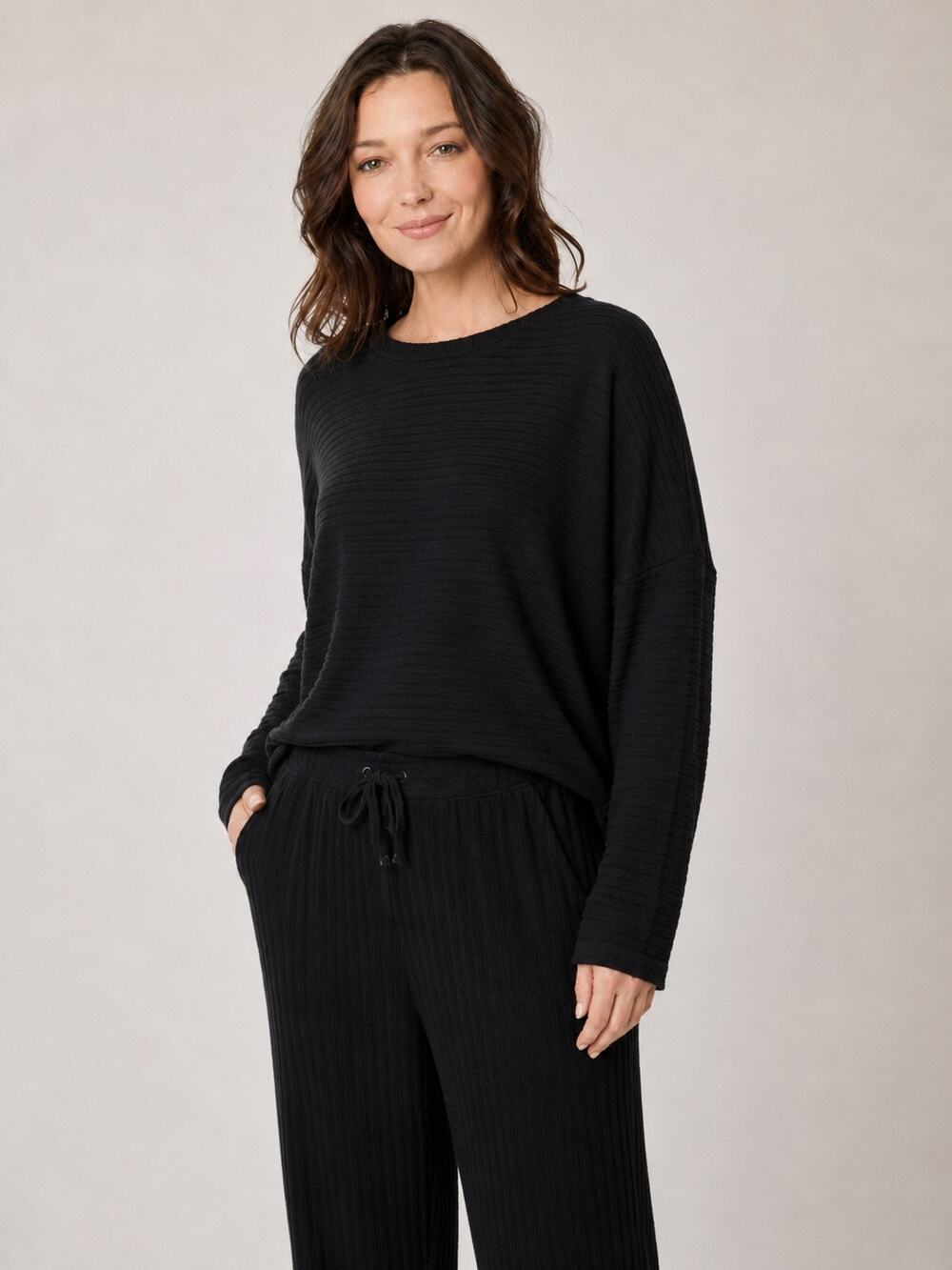 Splendid London Rib Black Relaxed Long Sleeve Top Dolman Sleeve Quiet Luxury M